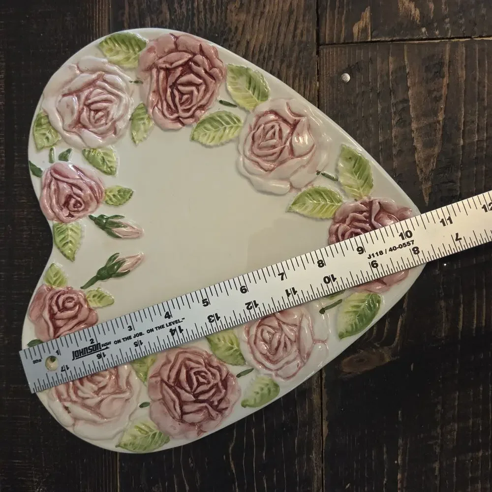 Vintage Majolica Heart Shaped Embossed Cabbage Rose Plates Portugal